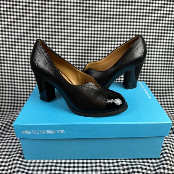 John Fluevog Attic Iris Patent-Toed Black Retro Classic Pumps Women's Size 7.5 - Picture 1 of 5